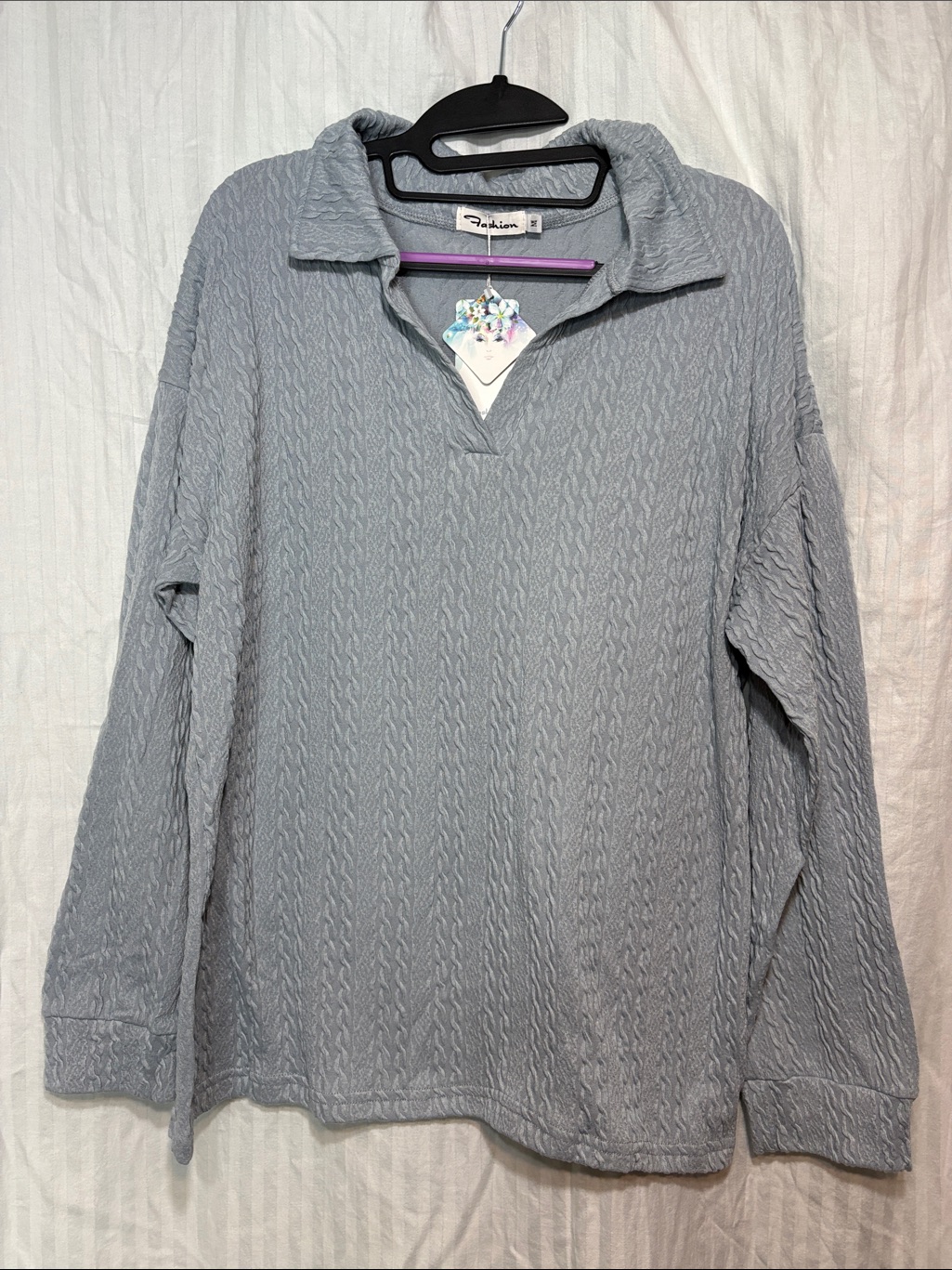 Light Gray Cable Knit Collared Pullover